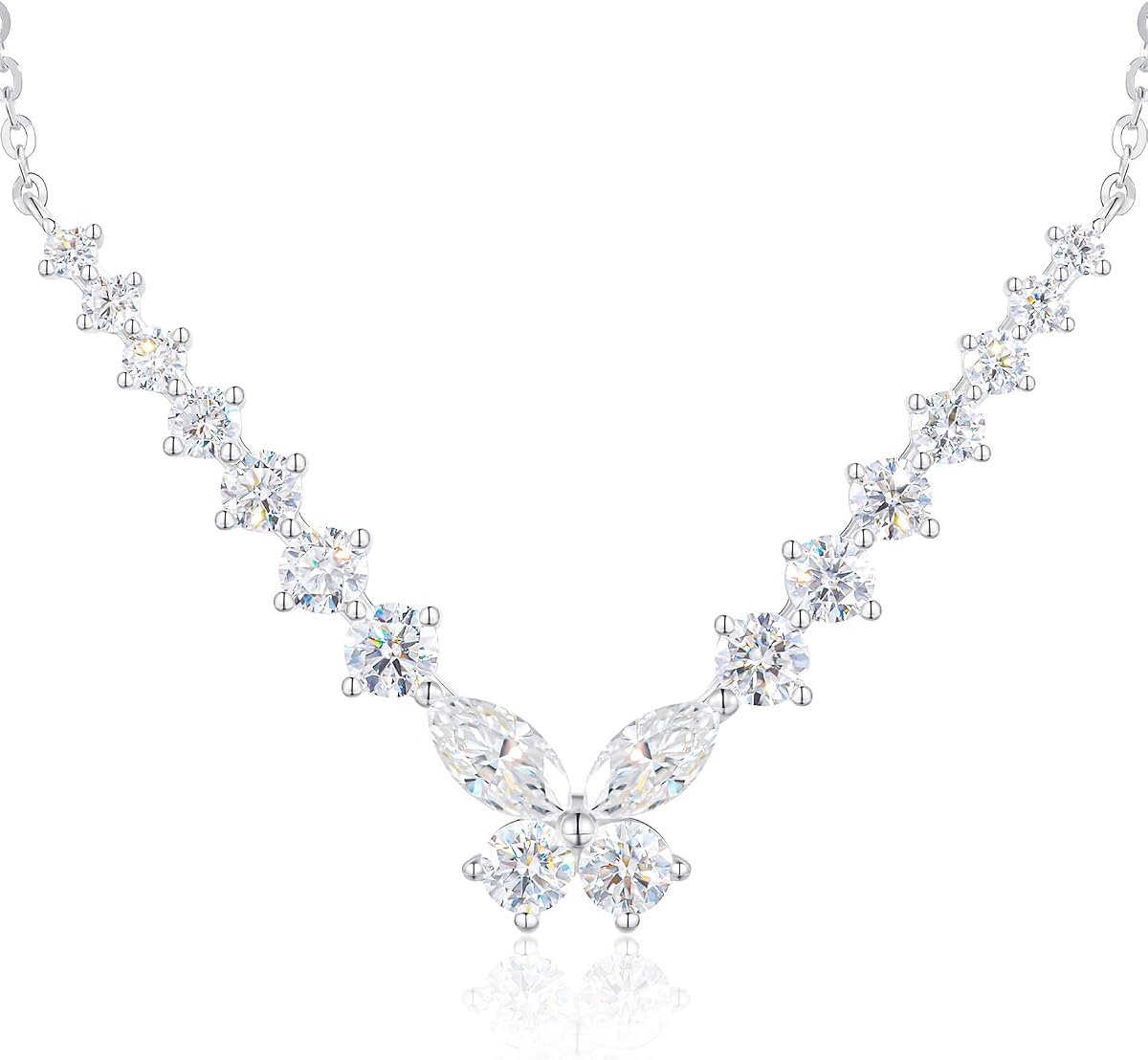 Moissanite butterfly tennis necklace with 18 stones in sterling silver