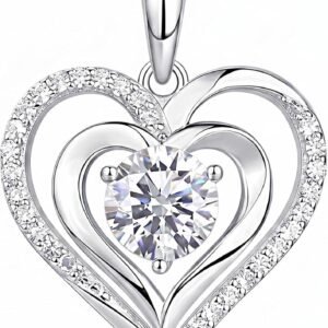 Dainty double heart necklace with 1 carat moissanite stone in sterling silver