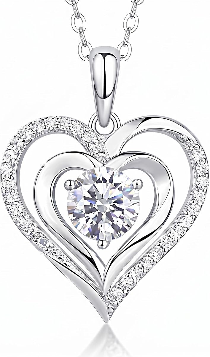 Dainty double heart necklace with 1 carat moissanite stone in sterling silver