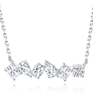 Moissanite bar necklace with mixed cut stones in rhodium plated silver