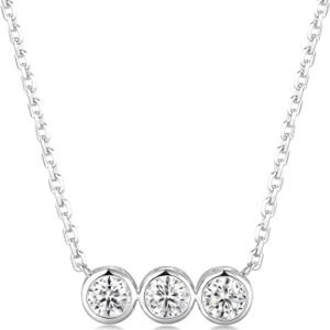 Three stone moissanite bezel necklace in rhodium-finished sterling silver