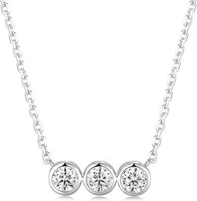 Three stone moissanite bezel necklace in rhodium-finished sterling silver