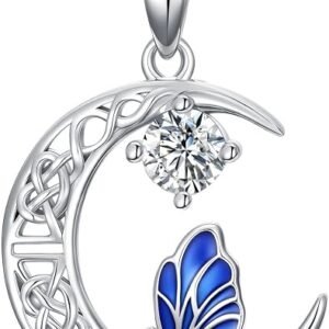 Moissanite crescent moon and butterfly pendant necklace in sterling silver
