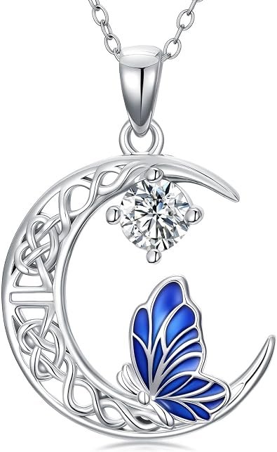 Moissanite crescent moon and butterfly pendant necklace in sterling silver
