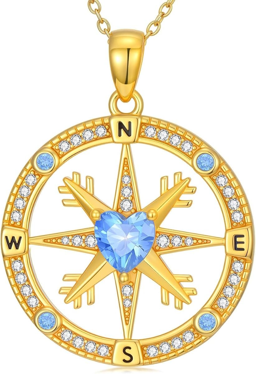 Moissanite compass necklace pendant in gold plated sterling silver