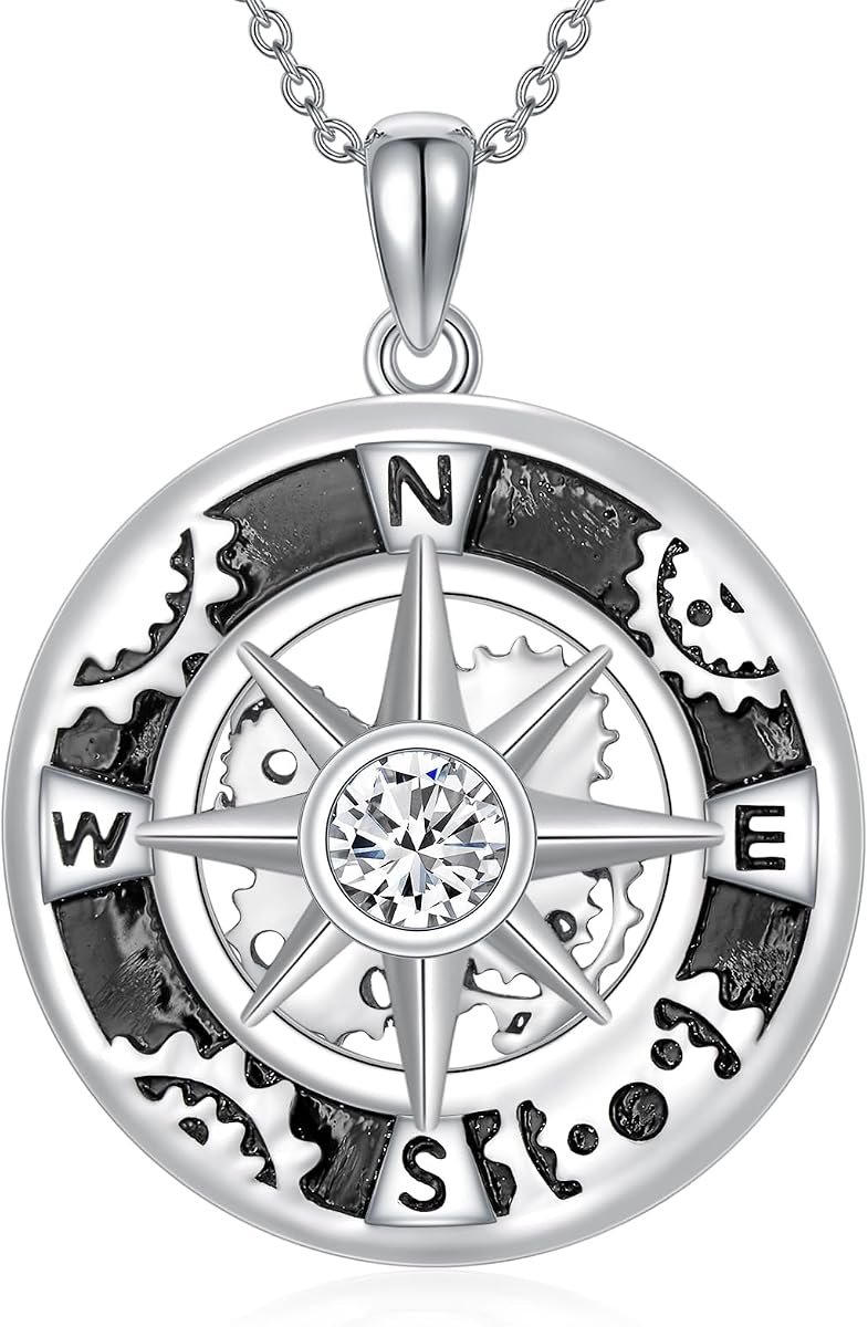 Moissanite compass necklace pendant in sterling silver