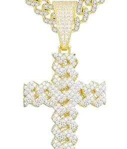 Iced out moissanite cross pendant necklace for men with Cuban link chain