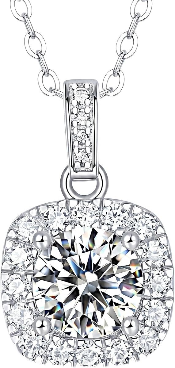 Moissanite cushion cut necklace with 1 carat halo pendant in sterling silver