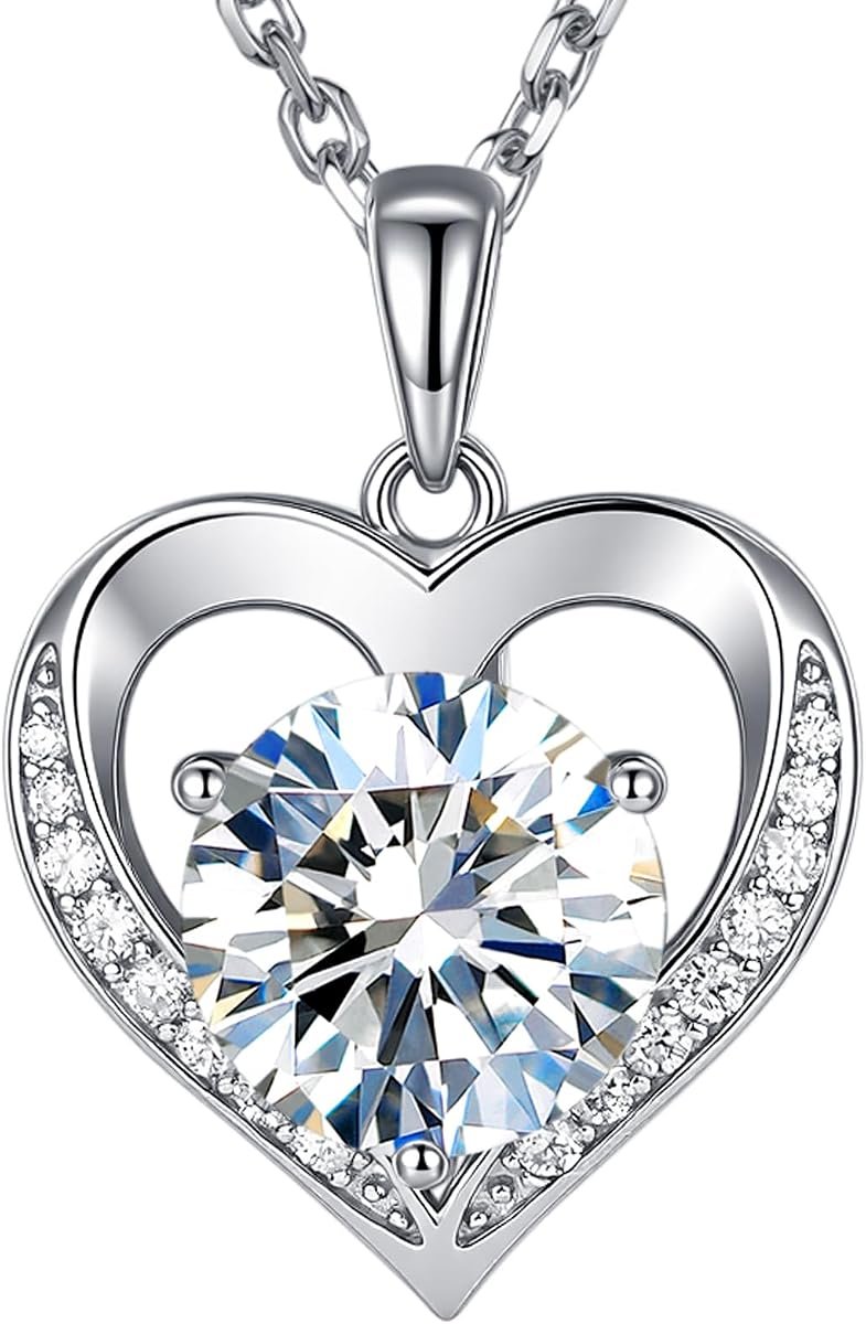 Moissanite heart necklace engraved with I Love You in sterling silver