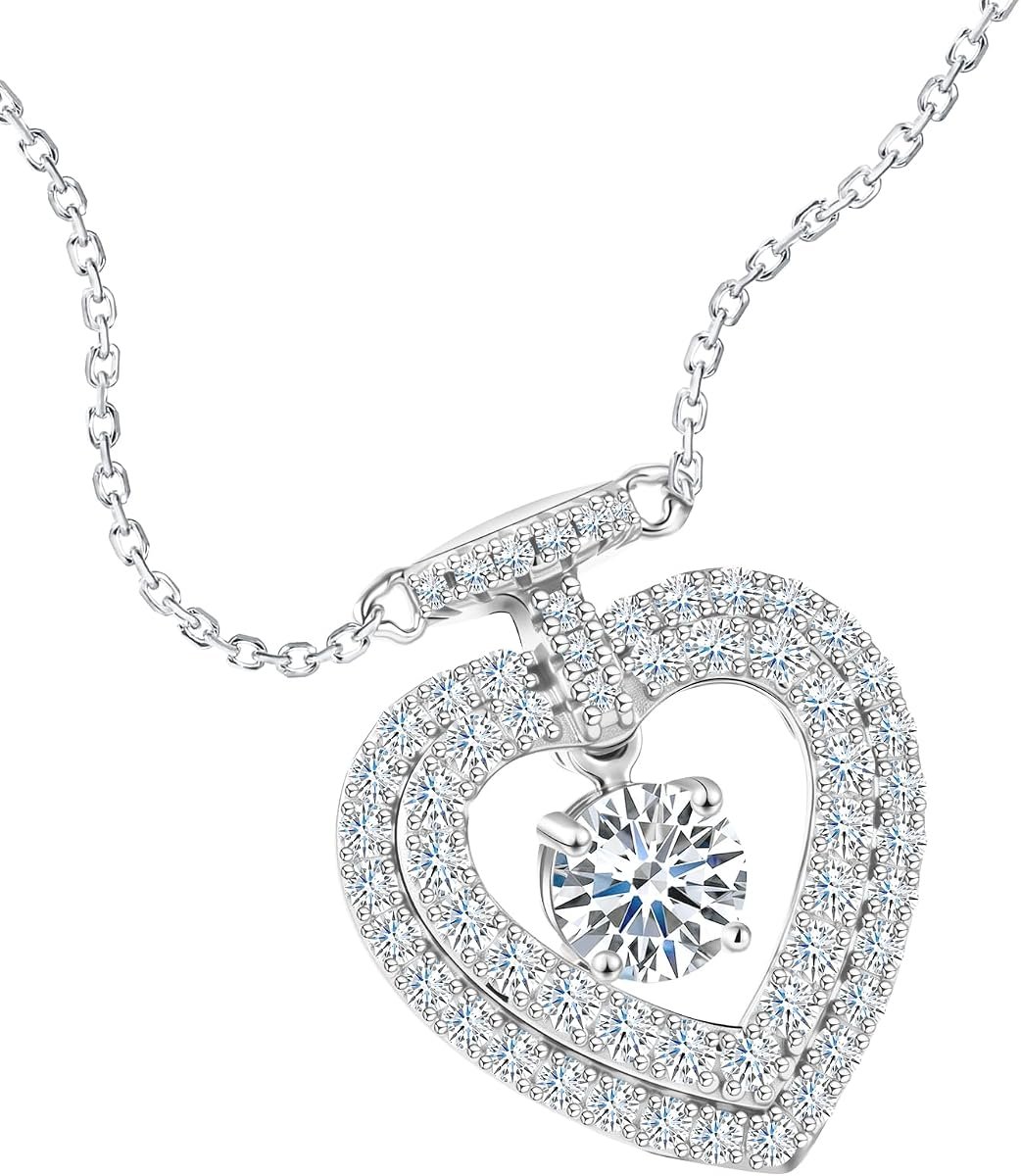 Gugots moissanite halo heart pendant necklace in sterling silver