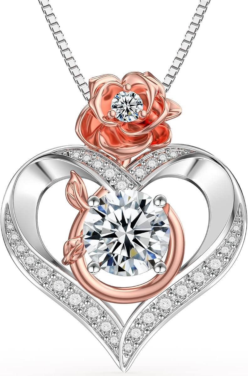 Moissanite rose heart necklace in sterling silver