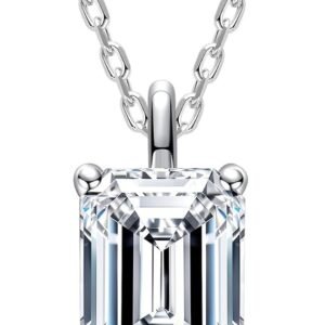 Moissanite emerald cut necklace pendant in solid white gold