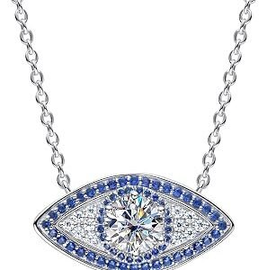 Moissanite evil eye pendant necklace with sapphire accents in sterling silver