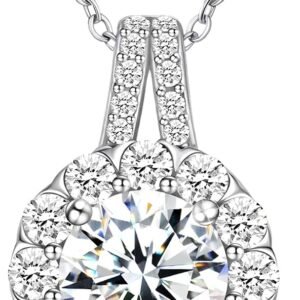Moissanite floral halo necklace with 1 carat center stone in gold plated silver