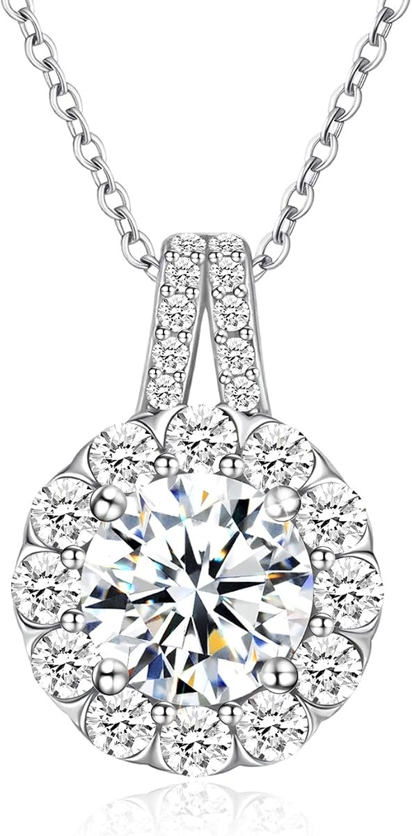 Moissanite floral halo necklace with 1 carat center stone in gold plated silver
