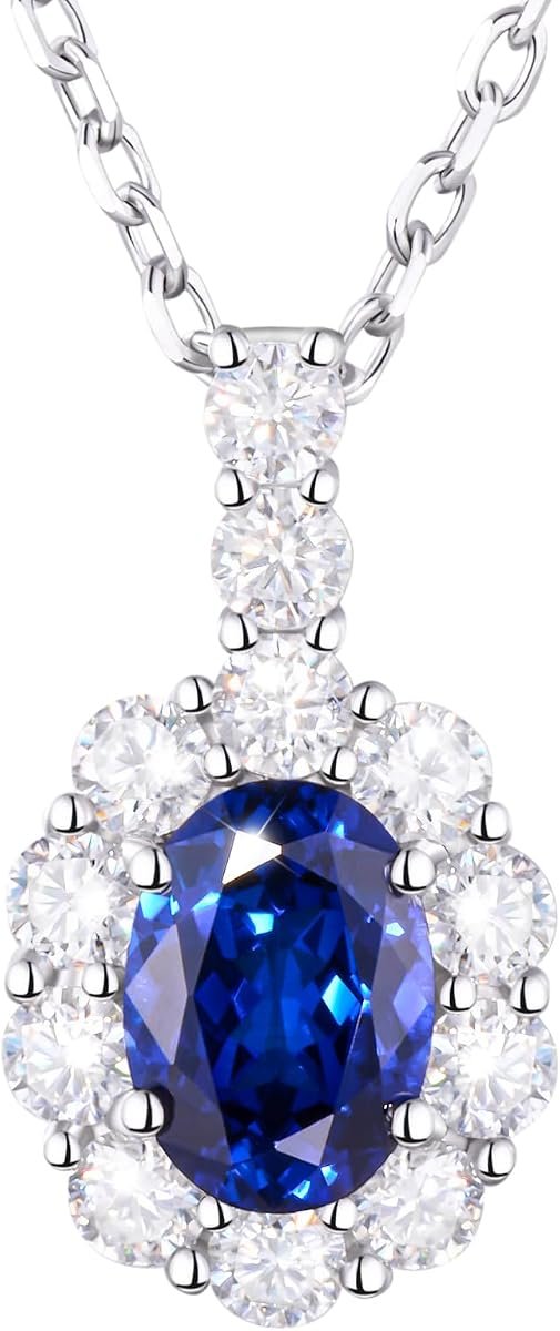 Moissanite halo necklace with lab grown blue sapphire in sterling silver