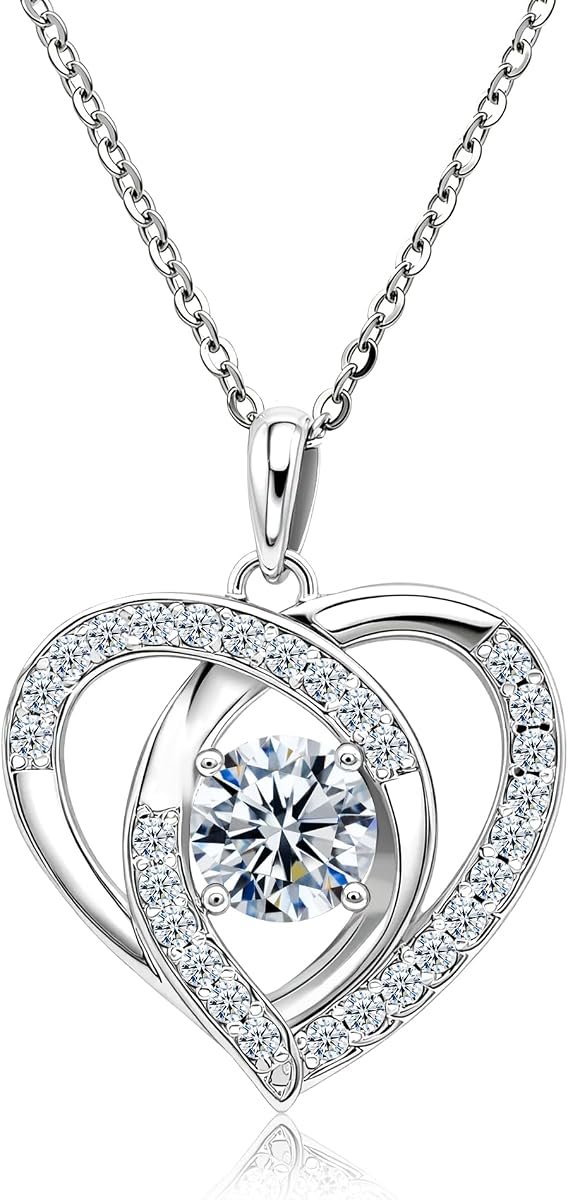 Moissanite heart halo necklace with dancing stone and bead chain