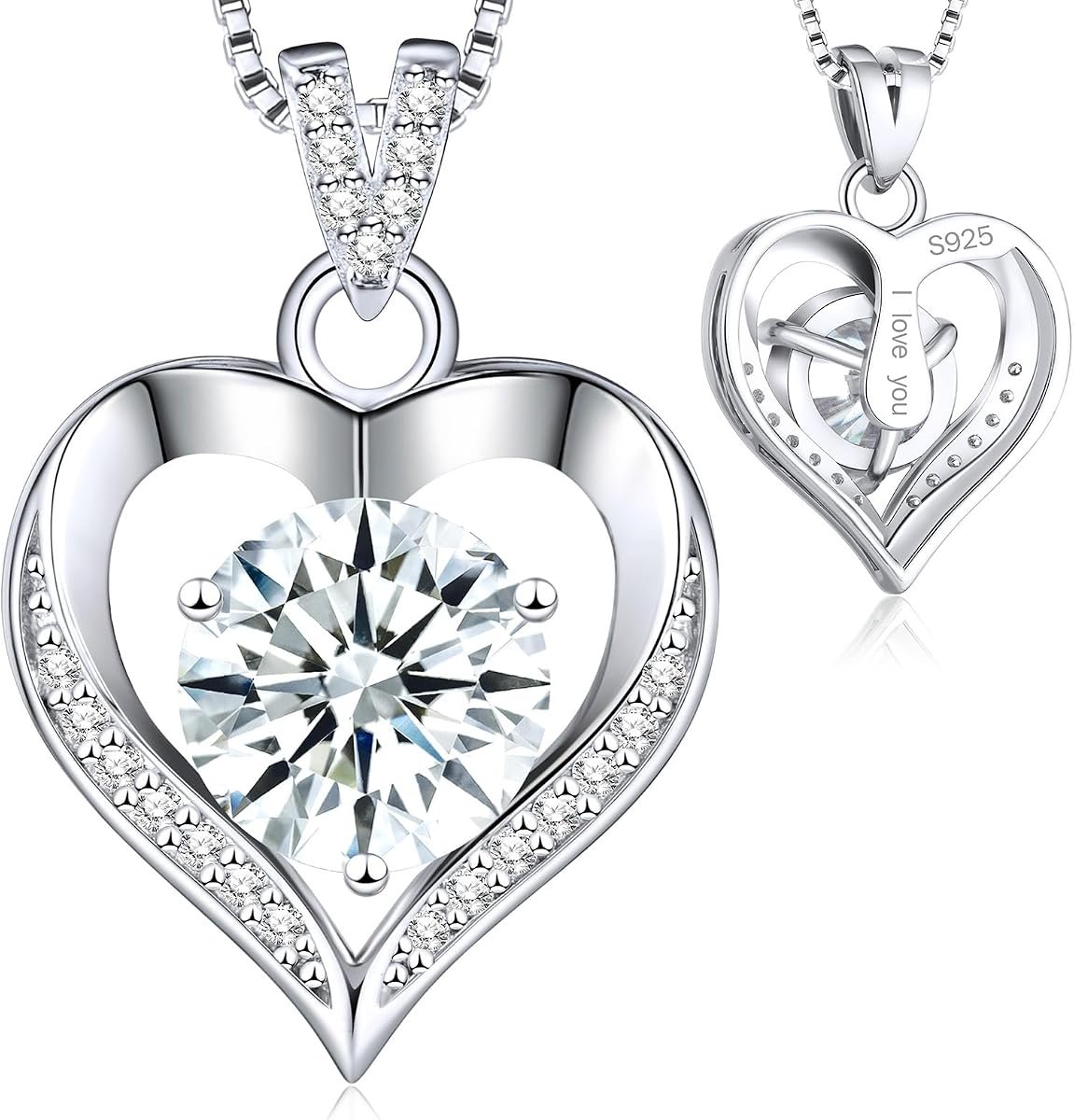 Moissanite heart necklace engraved with I love you in sterling silver