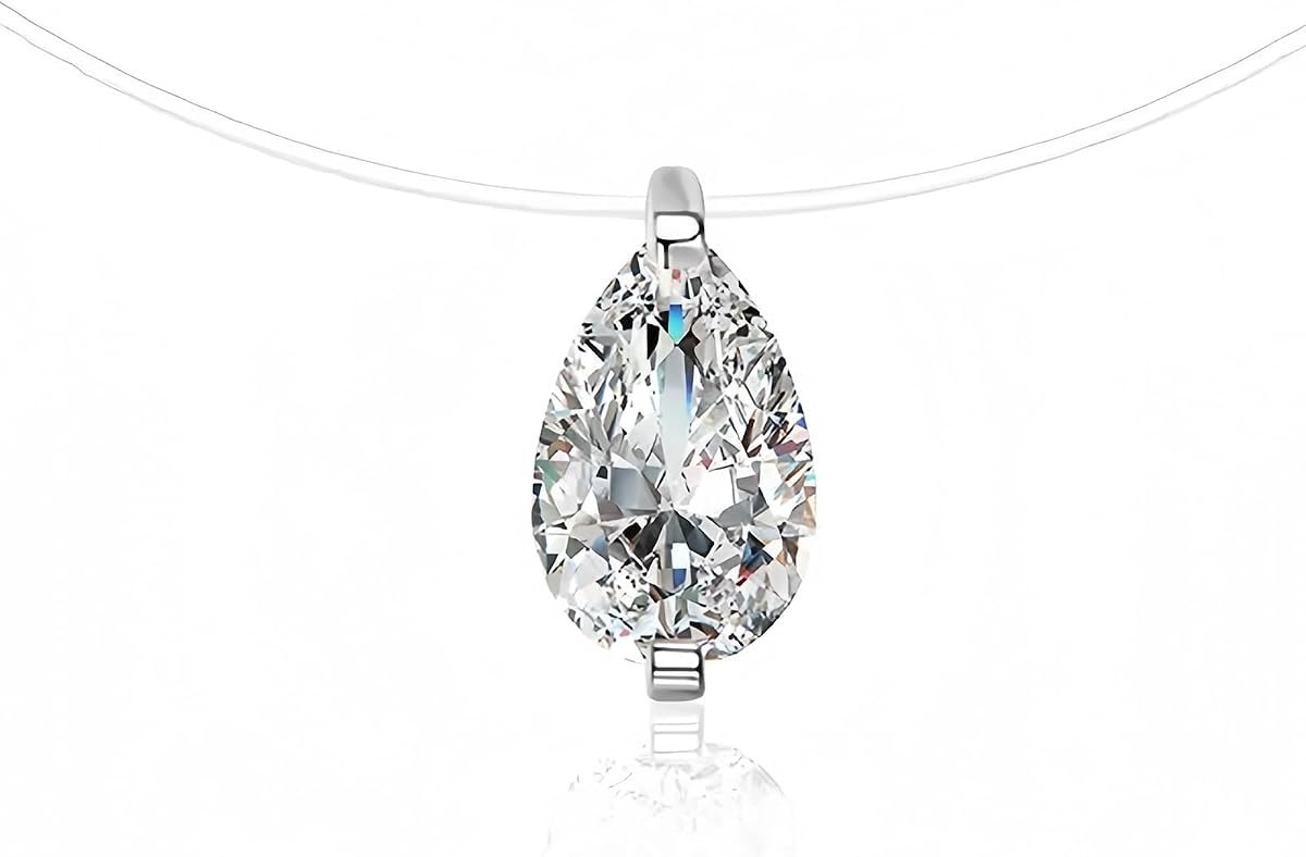 Moissanite pear cut necklace on invisible chain floating pendant