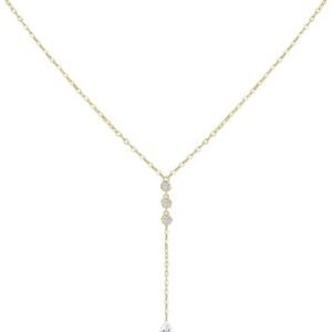 Moissanite lariat Y-necklace in gold plated sterling silver with teardrop drop chain