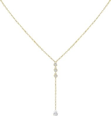 Moissanite lariat Y-necklace in gold plated sterling silver with teardrop drop chain