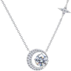Moissanite crescent moon and star pendant necklace in sterling silver