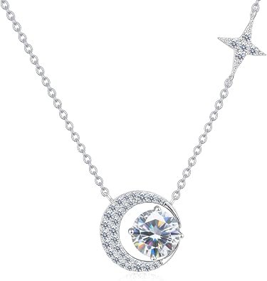 Moissanite crescent moon and star pendant necklace in sterling silver