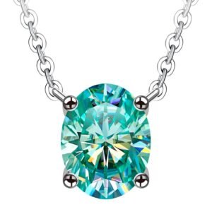 Oval cyan moissanite necklace in white gold plated silver