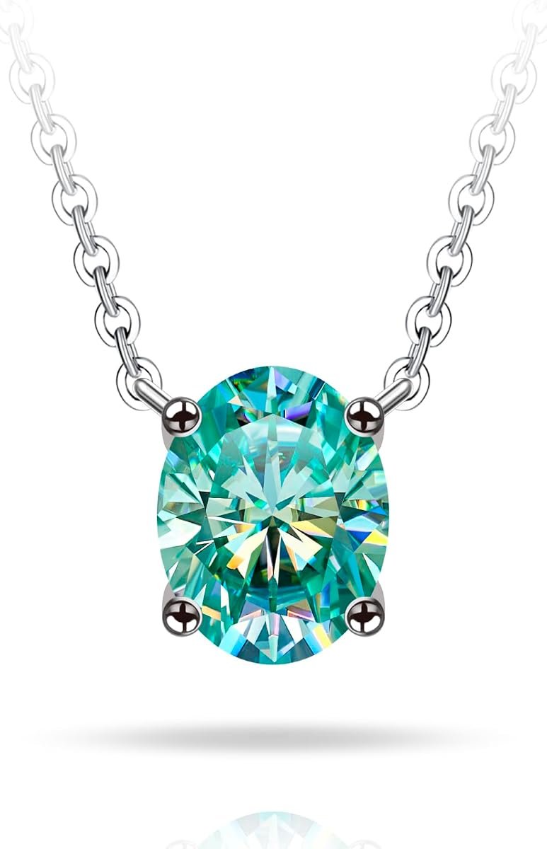 Oval cyan moissanite necklace in white gold plated silver