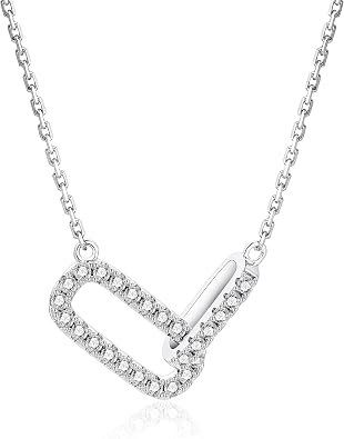 Dainty moissanite paperclip pendant necklace in white gold-plated sterling silver