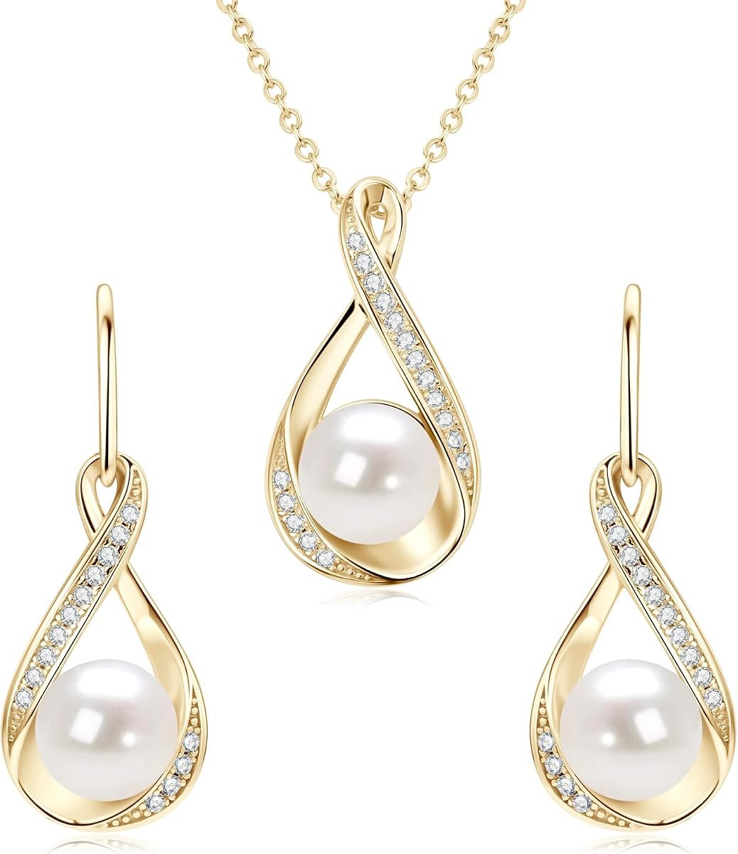 Moissanite and freshwater pearl necklace set in gold plated sterling silver