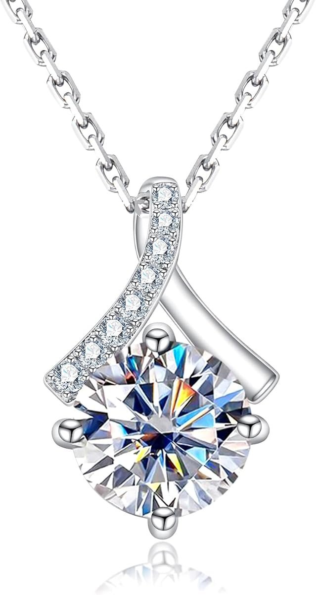 Moissanite ribbon necklace with 2 carat D color VVS1 pendant in sterling silver