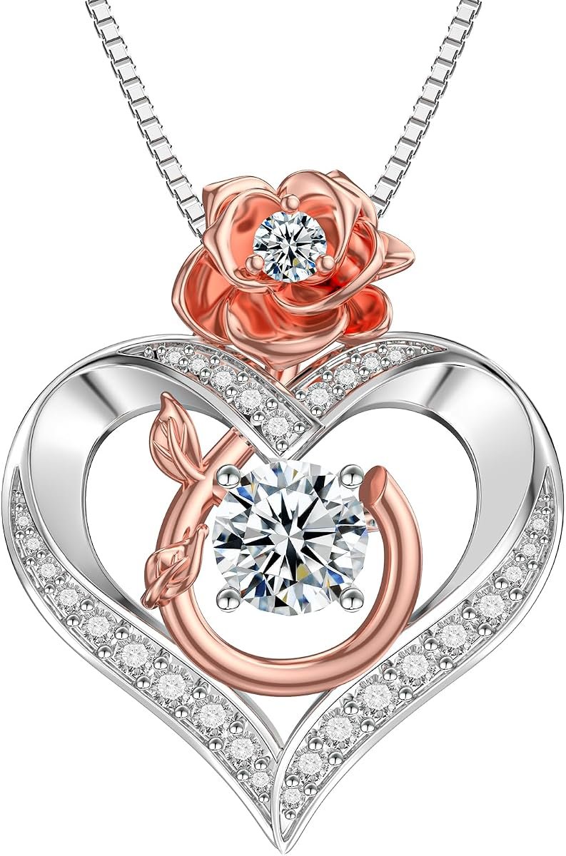 Moissanite rose heart pendant necklace in sterling silver with certificate