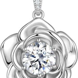 Moissanite rose flower necklace pendant in silver plated setting
