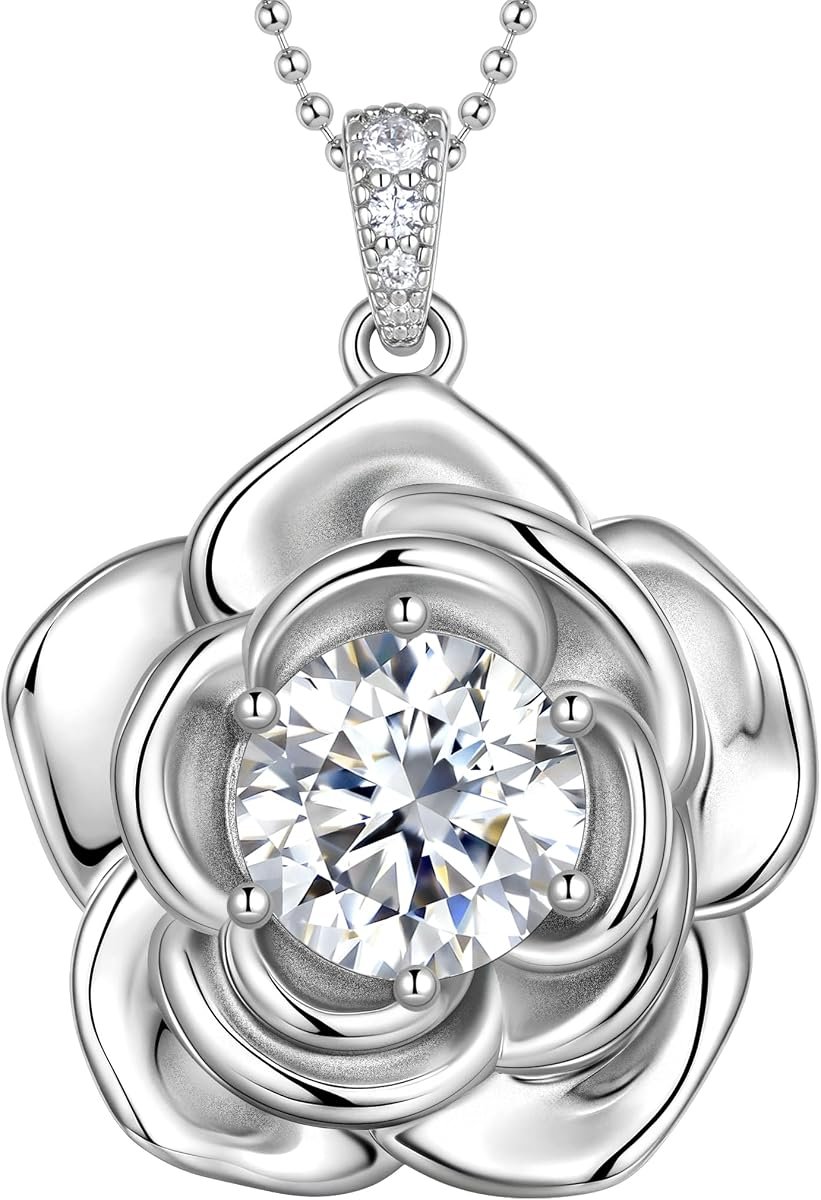 Moissanite rose flower necklace pendant in silver plated setting