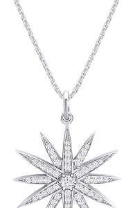 Moissanite starburst pendant necklace in white gold sterling silver