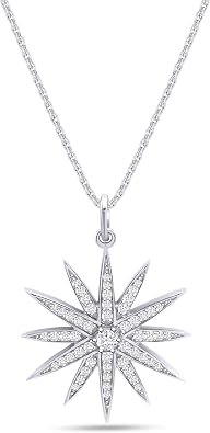 Moissanite starburst pendant necklace in white gold sterling silver