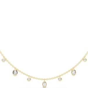 Moissanite station necklace with bezel set stones along gold chain