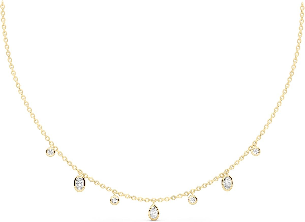 Moissanite station necklace with bezel set stones along gold chain