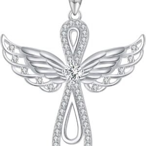 Angel wings cross moissanite necklace in 925 sterling silver