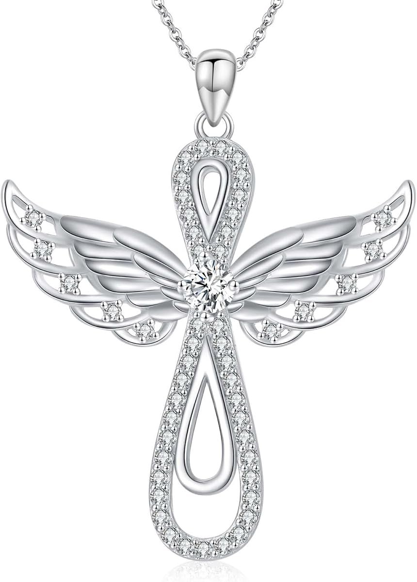 Angel wings cross moissanite necklace in 925 sterling silver