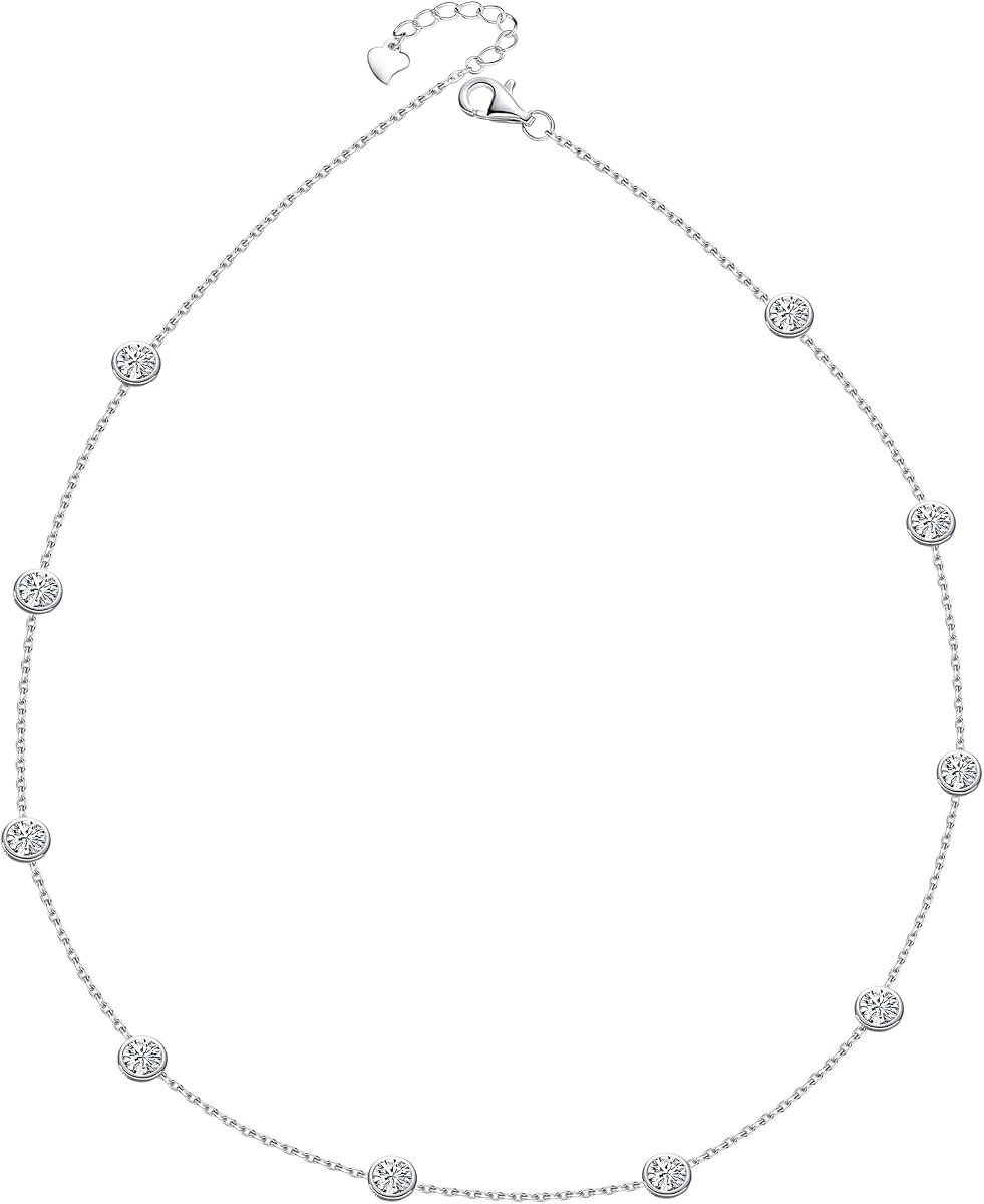 Bezel set moissanite station choker necklace in silver