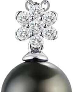 Black pearl moissanite flower pendant necklace in silver