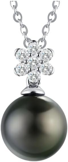 Black pearl moissanite flower pendant necklace in silver