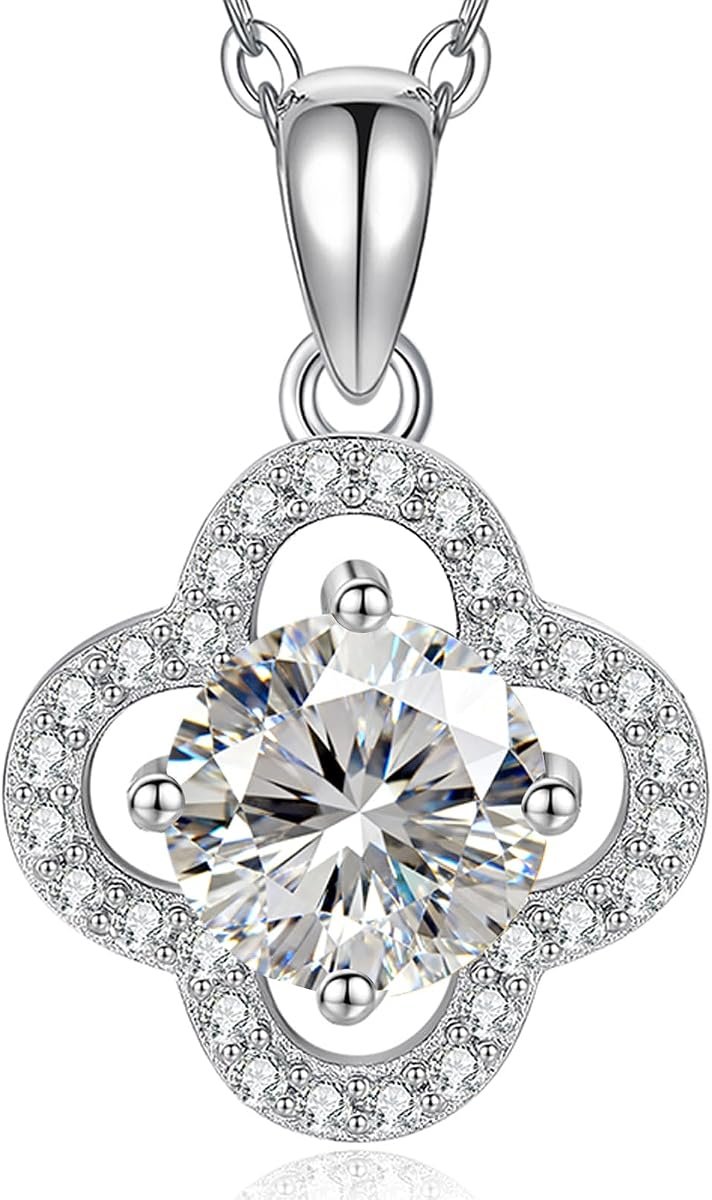 Gold four leaf clover moissanite necklace with 1 carat stone
