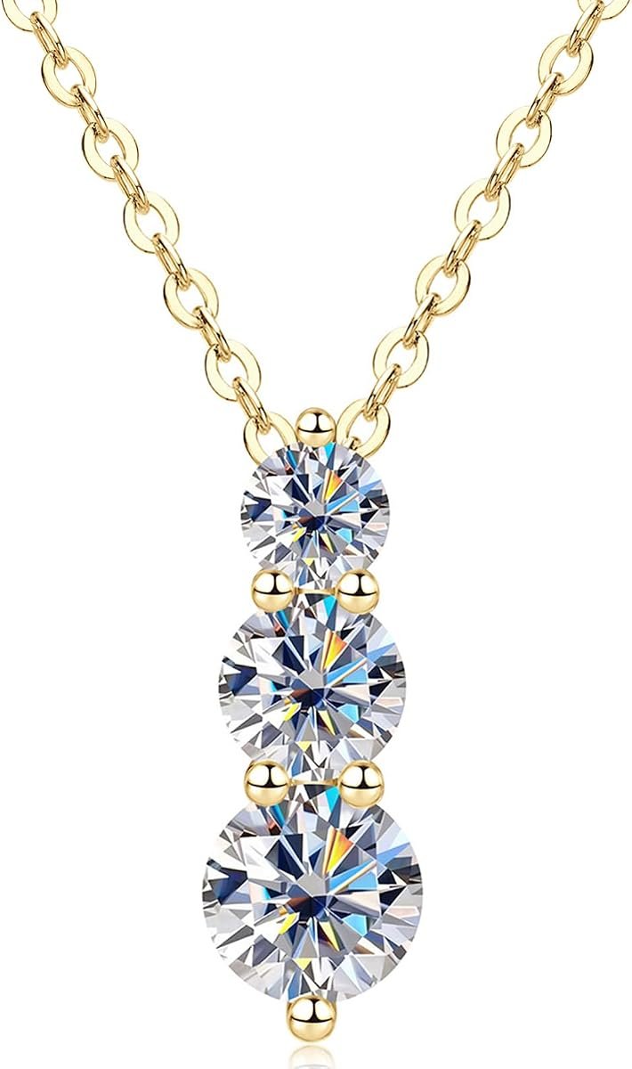 Gold three stone moissanite pendant necklace by PROSTORY