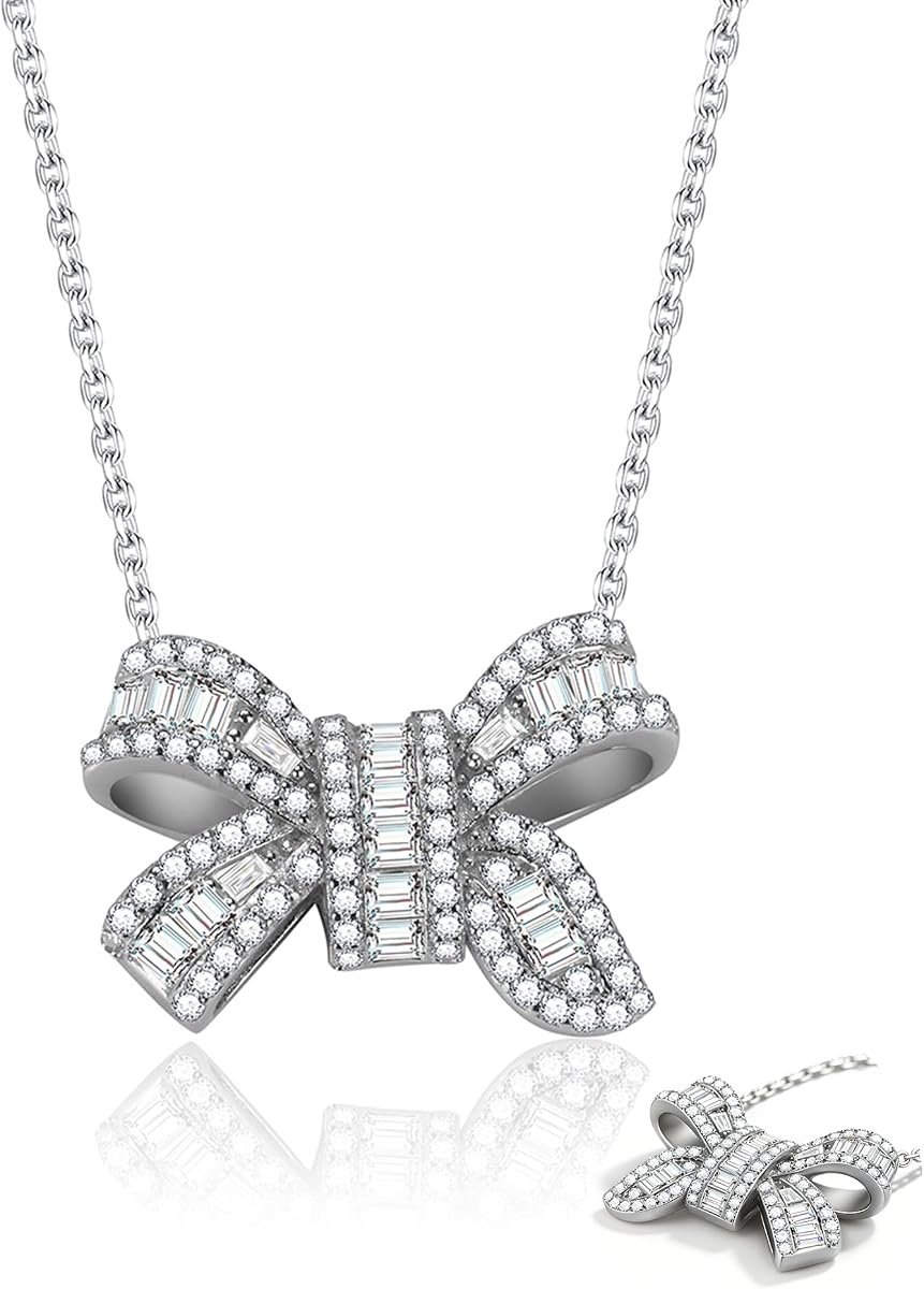 Moissanite bow necklace with bowknot pendant in gold plated silver