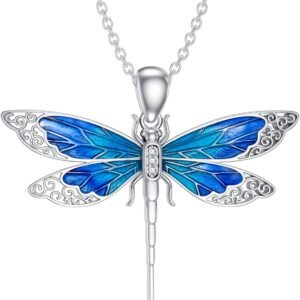 Moissanite dragonfly necklace with enamel blue wings