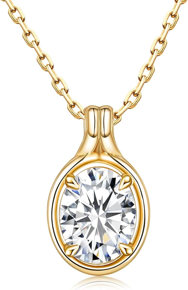 Oval cut moissanite solitaire necklace in gold plated setting