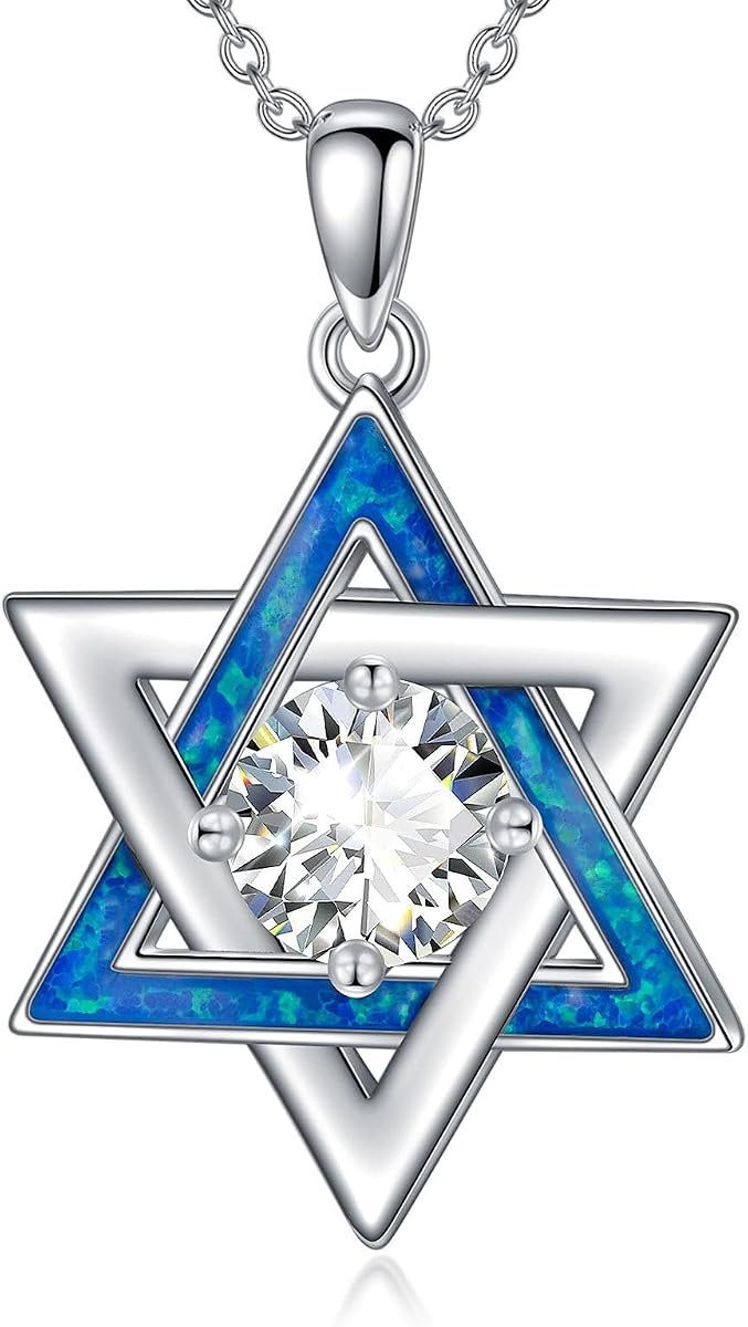 Star of David moissanite necklace with blue opal accent